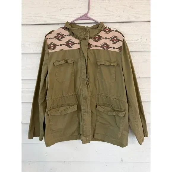 Earthbound Trading Co Aztec Utility Jacket Large Olive Green Military Jacket - Picture 2 of 9